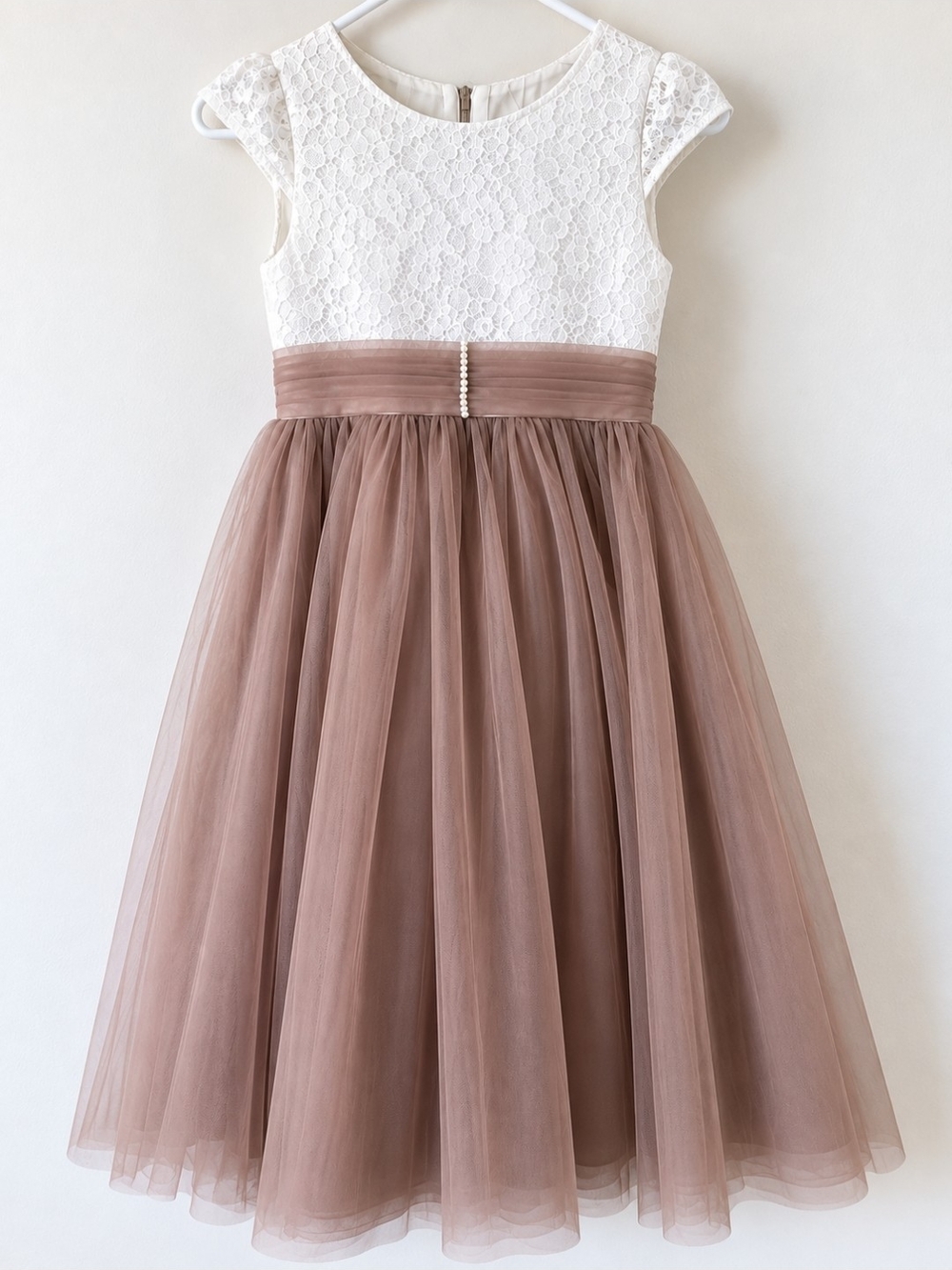 JJs House White Lace & Dusty Rose Tulle Flower Girl Dress with Pearl Accents